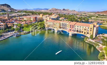 Aerial Waterfront Mediterranean Village and Lake at Lake Las Vegas Fly Over Aerial Waterfront Mediterranean Village and Lake at Lake Las Vegas Fly Over 126914929