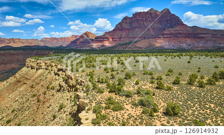 Aerial Desert Plateau and Red Rock Canyon with Lush Valley Panoramic View Aerial Desert Plateau and Red Rock Canyon with Lush Valley Panoramic View 126914932