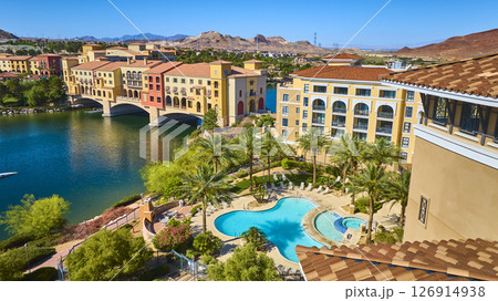Aerial Luxury Mediterranean Resort Waterfront Bridge and Pool Lake Las Vegas 126914938