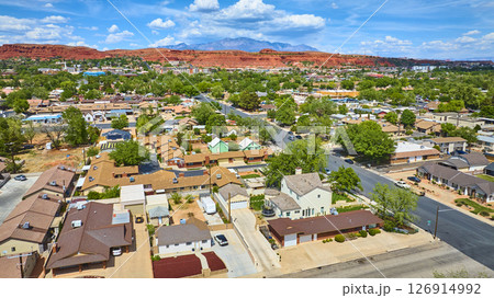 Aerial Suburban Homes and Red Rock Mesas in St George Utah Wide View 126914992