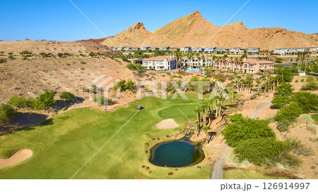 Aerial Golf Course Lush Fairway and Desert Oasis Community Fly Over Aerial Golf Course Lush Fairway and Desert Oasis Community Fly Over 126914997