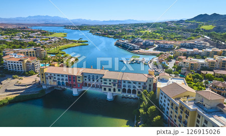 Aerial Vibrant Mediterranean Village Bridge and Waterfront Resort Lake Las Vegas Aerial Vibrant Mediterranean Village Bridge and Waterfront Resort Lake Las Vegas 126915026