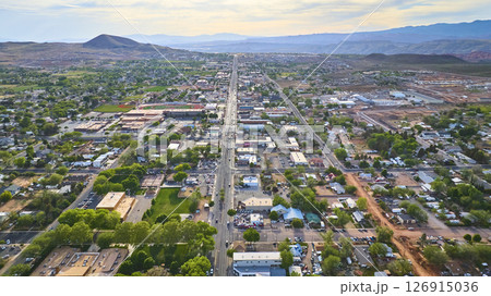 Aerial Fly Through Small Town Main Street and Community in Southwestern Utah 126915036