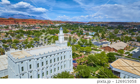 Aerial St George Utah Temple Red Rocks Cityscape Fly Over 126915058