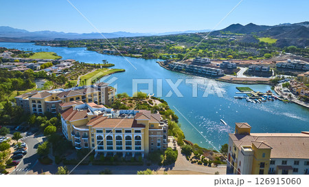 Aerial Luxury Lakeside Resort Mediterranean Architecture Waterfront Fly Over 126915060