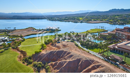 Aerial Luxury Resort Golf Course and Lake Oasis Fly Over Aerial Luxury Resort Golf Course and Lake Oasis Fly Over 126915081