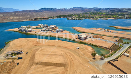Aerial Waterfront Residential Construction and Desert Lake Community Fly Over 126915088