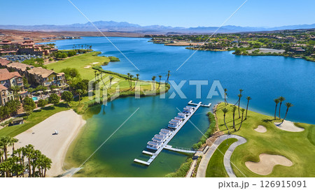 Aerial Luxury Lakefront Golf Course and Resort Homes Fly Over 126915091