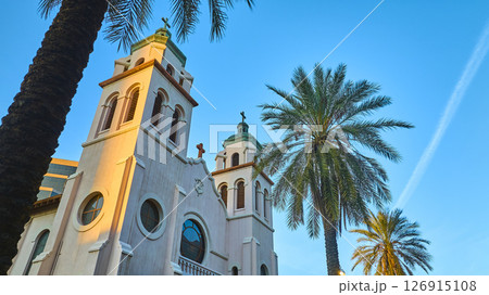 Historic Mediterranean Church and Palm Trees with City Skyline Aerial Tilt Historic Mediterranean Church and Palm Trees with City Skyline Aerial Tilt 126915108