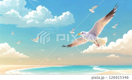 青い空、夏の雲とカモメ（水彩画風） 126915346