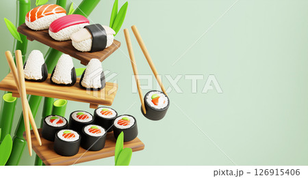Japanese food with sushi nigiri, onigiri and fish roll on wood plate. Asian rice with seafood and nori seaweed on bamboo background. Chinese cuisine cooked with salmon, tuna and eel. 3D illustration 126915406