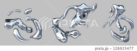 Chrome liquid metal 3d shapes in y2k style. Render set of silver substance texture with glossy iridescent surface. Abstract mercury drops, toxic fluid stains with black blue gradient. 3D illustration 126915477
