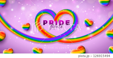 Happy Pride Month LGBTQ Banner Illustration with Rainbow Color Heart Symbol on Pink Background. June Love is Love Human Rights or Diversity Concept. Vector LGBT Event Banner Design for Postcard Happy Pride Month LGBTQ Banner Illustration with Rainbow Color Heart Symbol on Pink Background. June Love is Love Human Rights or Diversity Concept. Vector LGBT Event Banner Design for Postcard 126915494