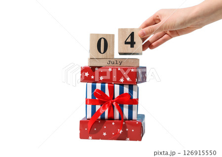 4 July attributes and hand, isolated on white background 126915550