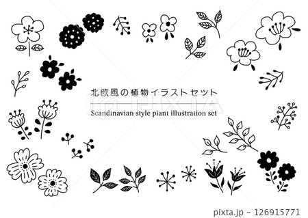 北欧風の植物ラインアートセット　黒 126915771