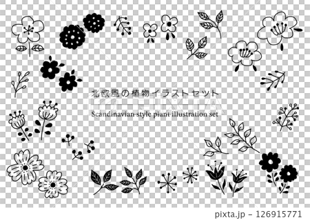 北欧風の植物ラインアートセット　黒 126915771