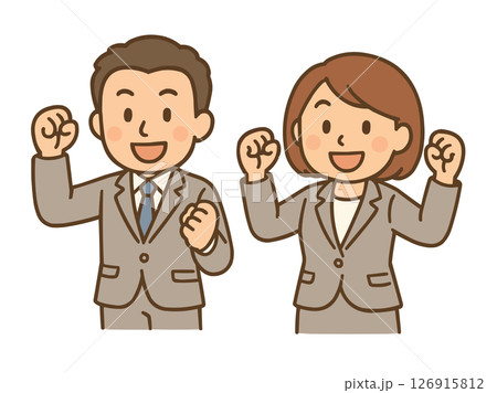 ガッツポーズをして喜ぶスーツ姿の男女ビジネスマンのイラスト ガッツポーズをして喜ぶスーツ姿の男女ビジネスマンのイラスト 126915812