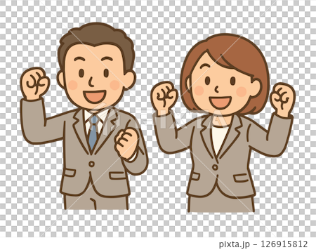 ガッツポーズをして喜ぶスーツ姿の男女ビジネスマンのイラスト ガッツポーズをして喜ぶスーツ姿の男女ビジネスマンのイラスト 126915812