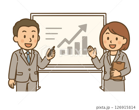 プレゼンで発表をしているスーツ姿の男女ビジネスマンのイラスト 126915814