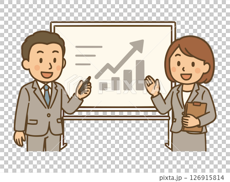プレゼンで発表をしているスーツ姿の男女ビジネスマンのイラスト 126915814