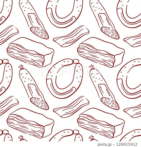 Seamless pattern of sausage, bacon and salami in line art style on white background. Perfect for food packaging, kitchen wallpaper or restaurant wrapping paper. Seamless pattern of sausage, bacon and salami in line art style on white background. Perfect for food packaging, kitchen wallpaper or restaurant wrapping paper. 126915912