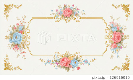 青とピンクの花で囲まれた華やかなフレーム 126916010