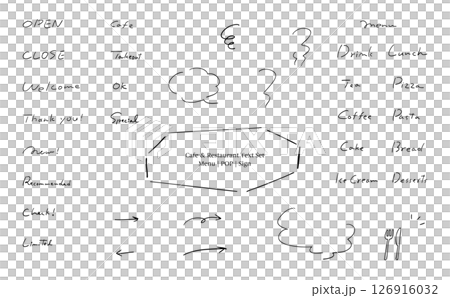 適用於咖啡館、餐廳和商店的文字套裝 | 內含菜單和線條圖 | 英文版 126916032