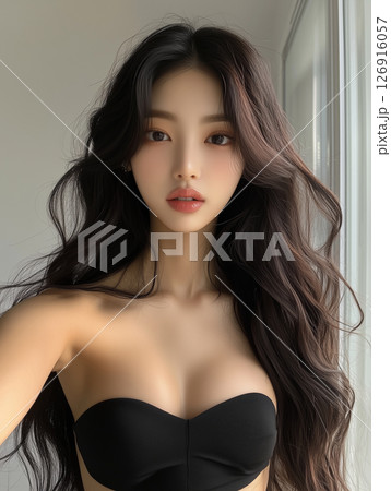 Young Korean woman with long wavy hair posing confidently in a natural light setting Young Korean woman with long wavy hair posing confidently in a natural light setting 126916057