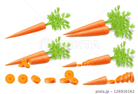 Bright vector set of colorful halves, slices and whole carrots with green stems. Fresh vegetable isolated on white background. Realistic 3d Vector illustration. For cooking, advertising, menu 126916162
