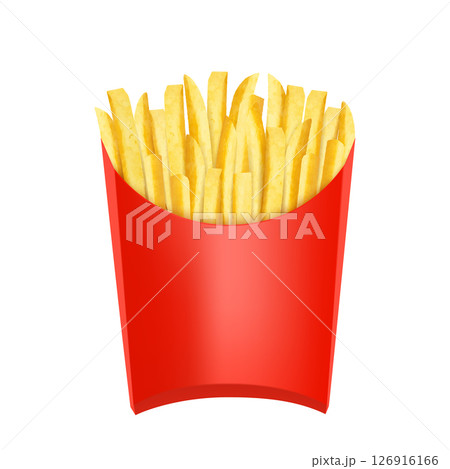 French fries. Potatoes in red package box. Snack fast food takeaway. Popular roasted potatoes chips sticks snack in cardboard packing, isolated on white background. Realistic 3d ector illustration. 126916166