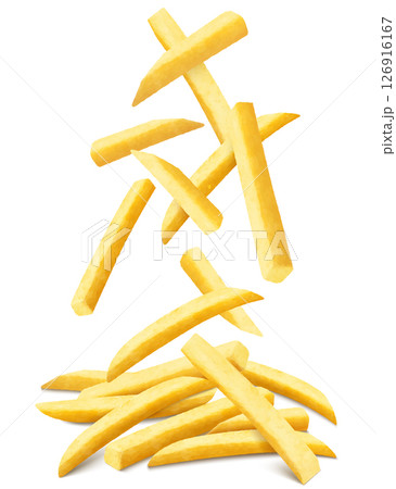 French fries background. Fast food banner. Flying french fries potatoes with blurry effect isolated on white. Junk food. Falling roasted vegetable pieces. Realistic 3d vector illustration 126916167