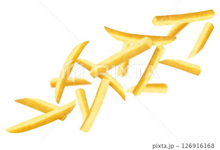 French fries background. Fast food banner. Flying french fries potatoes with blurry effect isolated on white. Junk food. Falling roasted vegetable pieces. Realistic 3d vector illustration 126916168