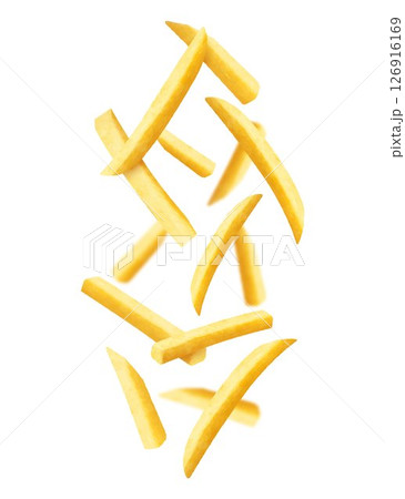 French fries background. Fast food banner. Flying french fries potatoes with blurry effect isolated on white. Junk food. Falling roasted vegetable pieces. Realistic 3d vector illustration 126916169