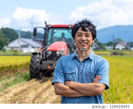 トラクターを背に笑顔の若手農家 126916491