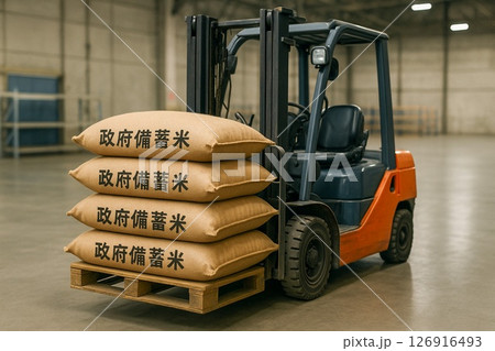 政府備蓄米の袋を運ぶ倉庫内のフォークリフト 政府備蓄米の袋を運ぶ倉庫内のフォークリフト 126916493