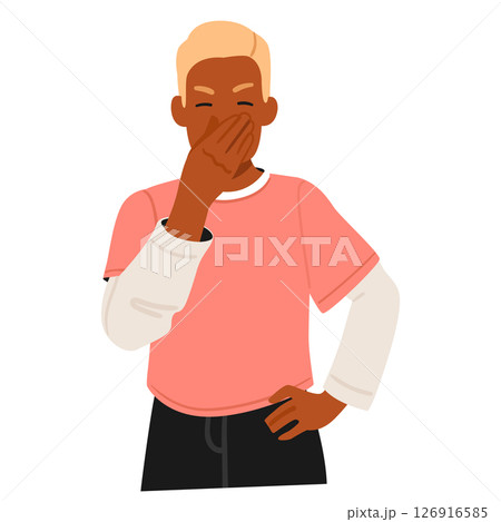 Teenage guy cartoon character protecting nose and lungs from sniffing bad smell isolated portrait 126916585