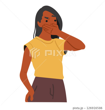 Young woman cartoon character covering mouth to suppress disgust and nausea from unpleasant smell Young woman cartoon character covering mouth to suppress disgust and nausea from unpleasant smell 126916586
