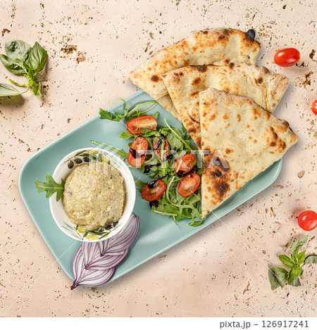 Baba ghanoush, pita bread Baba ghanoush, pita bread 126917241