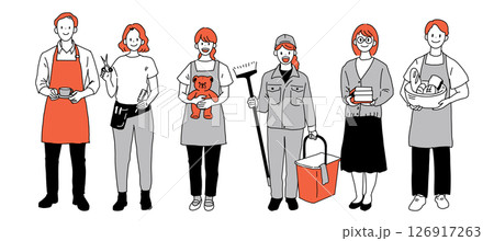 さまざまな職業で働く人々のイラスト（カフェ店員・美容師・保育士・清掃員・図書館司書・パン屋） 126917263