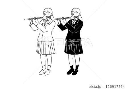 フルートを演奏する女子高生のイラスト(制服・吹奏楽部・白黒線画) フルートを演奏する女子高生のイラスト(制服・吹奏楽部・白黒線画) 126917264