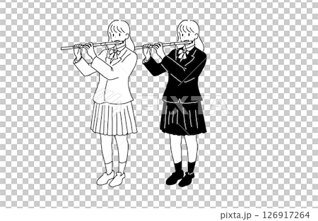 吹笛子的高中女生插畫（制服、銅管樂隊、黑白線條畫） 126917264