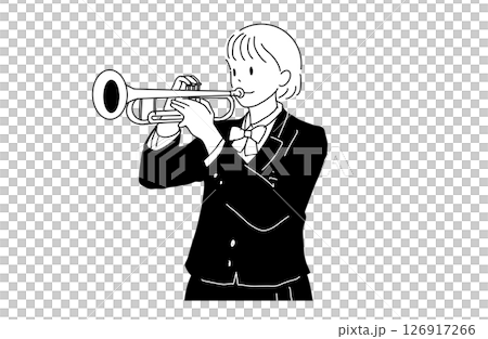 トランペットを演奏する女子高生のイラスト（制服・吹奏楽部・モノクロ） 126917266