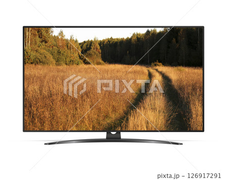 Smart tv with country road in a field on the screen Smart tv with country road in a field on the screen 126917291