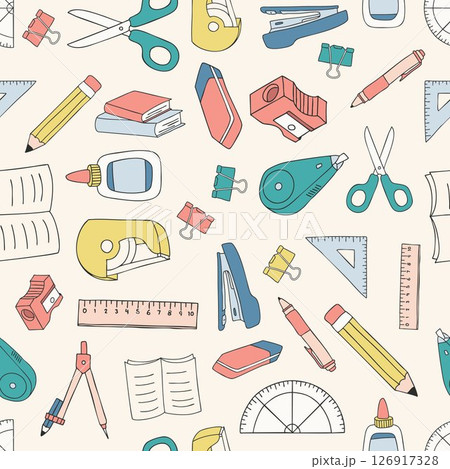 SCHOOL SUPPLIES PATTERN hand drawn illustration icon collection object set outline simple doodle stationery vector minimalist 126917328