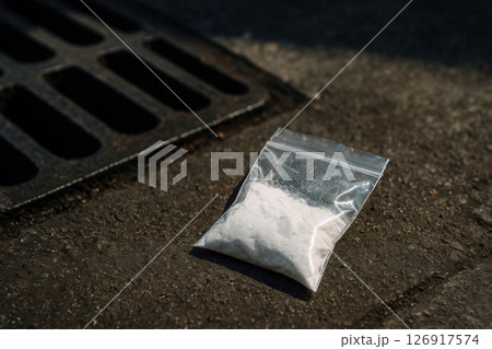 Plastic Bag of White Powder Lying on Dirty Sidewalk Near Drain 126917574