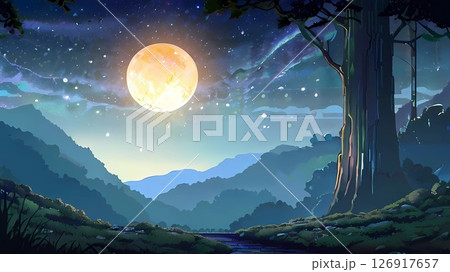 ゲーム背景　美しい月と静かな自然風景癒しの草原 126917657