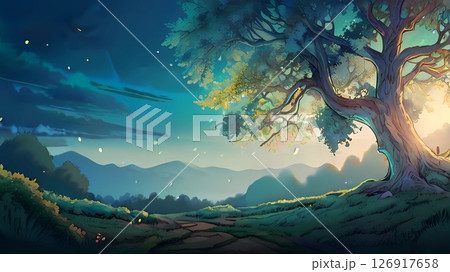 ゲーム背景　夜明け前のたくさんの木が並ぶ森の風景	 126917658