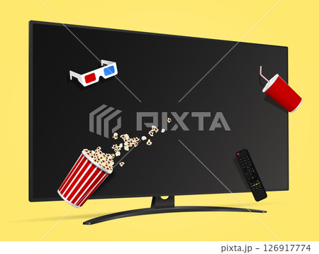 Movie night advertising with smart tv, popcorn bucket, soda cup and 3d glasses Movie night advertising with smart tv, popcorn bucket, soda cup and 3d glasses 126917774