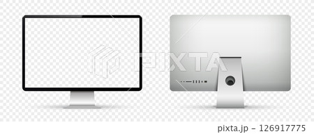Realistic computer transparent screen mockup. Computer display front and back view on transparent background Realistic computer transparent screen mockup. Computer display front and back view on transparent background 126917775