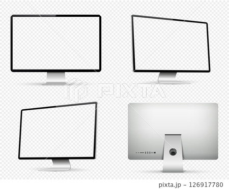 Realistic computer transparent screen mockup. Front, back and side computer screen isolated on transparent background. 126917780